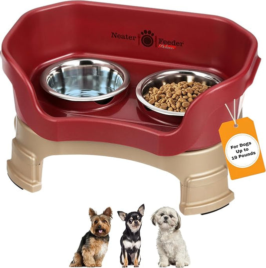 Neater Feeder Deluxe Mess-Proof Elevated Dog Bowls for Small Dogs (Up to 19 lbs), 2 Height Adjustable (6” & 7.5”) No-Spill Raised Dog Bowl Stand, Stainless Steel Food Bowl Set, Made in USA, Cranberry