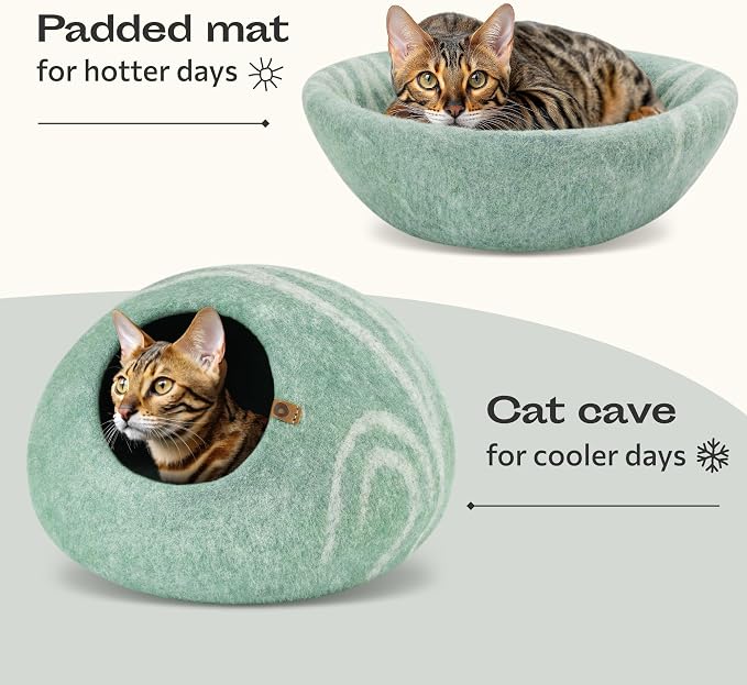 Cat Cave – Premium Felt Cat Bed Enclosure for Indoor Cats, Handmade Merino Wool (Pistachio, Medium)