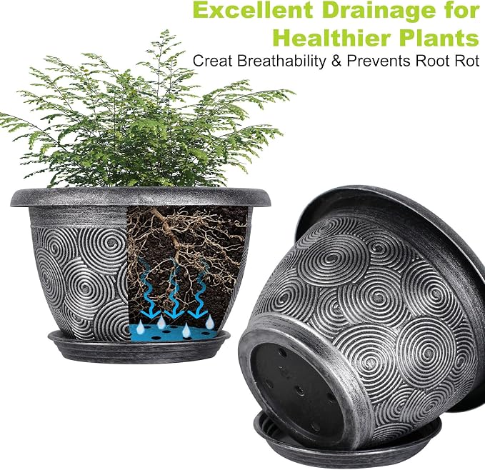 12-Inch -Plastic-Pots -For-Plant With Saucer, 4 Pack Outdoor Planters With Drainage Holes, Decorative Flower Pots For Indoor Plants, Modern 3D Swirl Silver Large Plant Pots With With Removable Tray
