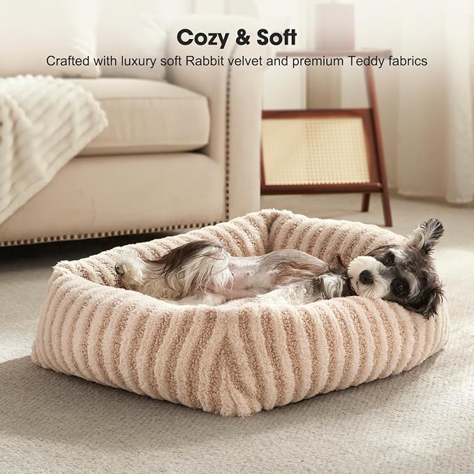MIXJOY Dog Beds Large Sized Dogs, Washable Dog Bed with Removable Cover, Soft Rectangle Dogs Ded Fluffy Plush Faux Fur Pet Bed with Anti-Slip Bottom, 36"x27"x8", Beige