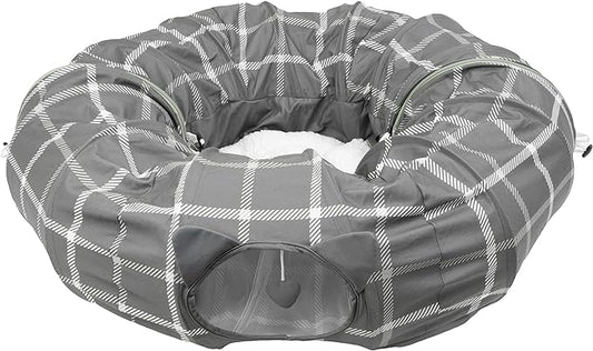 Kitty City Large Cat Tunnel Bed, 2-in-1 Zip-Together Cat Play Tunnel & Plush Nap Bed, Pop-Up Indoor Cat Toy with Hanging Toys, Collapsible Design - Grey