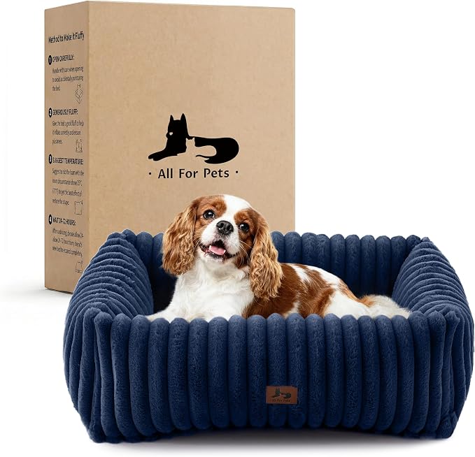 Washable Dog Bed Small Medium Size Dog, Rectangle Orthopedic Pet Bed for Car and Indoor,Fluffy Memory Foam Dog Beds with Anti-Slip Bottom,25 x21 x8 Inches,Navy