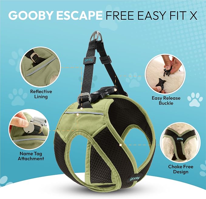 Gooby Escape Free Easy Fit X Step-in Dog Harness, Portland Green, X-Large | Patented escape-free, tightens on back-out; Choke-free X-frame + V-neck; Quick-release buckle; Reflective trim
