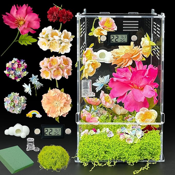 Jumping Spider Enclosure,DIY Insects Habitat,Small Reptile Terrarium Glass House Accessories Set,with Temperature and Humidity Detector Water Feeder Platform Hide,5.5“x5.5”x9.5“ (Garden)