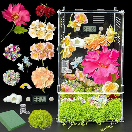 Jumping Spider Enclosure,DIY Insects Habitat,Small Reptile Terrarium Glass House Accessories Set,with Temperature and Humidity Detector Water Feeder Platform Hide,5.5“x5.5”x9.5“ (Garden)