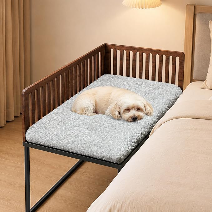 Beside Dog Bed,2 Panels Adjustable Height Dog Bunk Beds,25.6‘’x18.1‘’Metal Dogs Bed Frame with Removable Cushion,Medium (Medium)