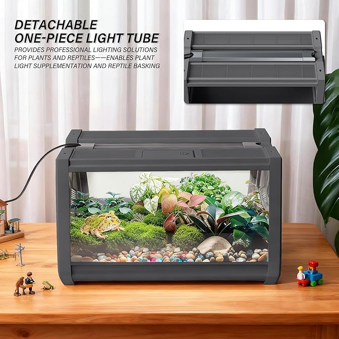 Smart Lighting Reptile Terrarium with Timer & Dual-Mode LED/UVB - Adjustable Brightness All-in-One Habitat, Wide View Escape-Proof Dual Doors for Gecko, Frog, Tarantula, Snake or Insects