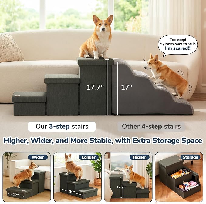 3-Step Wide Dog Stairs with Hidden Storage 18" H, Non-Slip Dog Steps for High Bed Couch Window Car, Jiont-Friendly Pet Stairs Ramp for Small/Medium/Large Old Dogs Cats Up to 200lbs, Grey Green