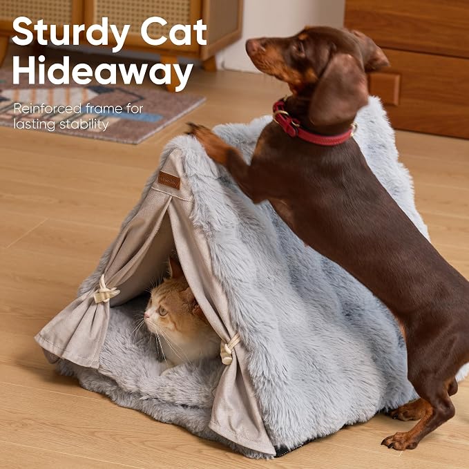 FUKUMARU Cat Cave Bed, Sturdy Frame Washable Cat Tent Bed with Curtain | Semi-Enclosed Cat Hideaway for Anxious Cats, Large Cozy Cat House for Indoor Cats, Soft Plush Covered Dog Bed, Grey