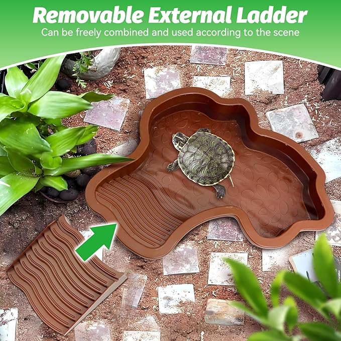 PINVNBY Large Reptile Bathing Pool Tortoise Water Dish with Removable Ramp and Leaf Reptile Food Dish & Water Bowl Tortoise Habitat Accessories for Turtle Lizard Gecko Snake (Red)