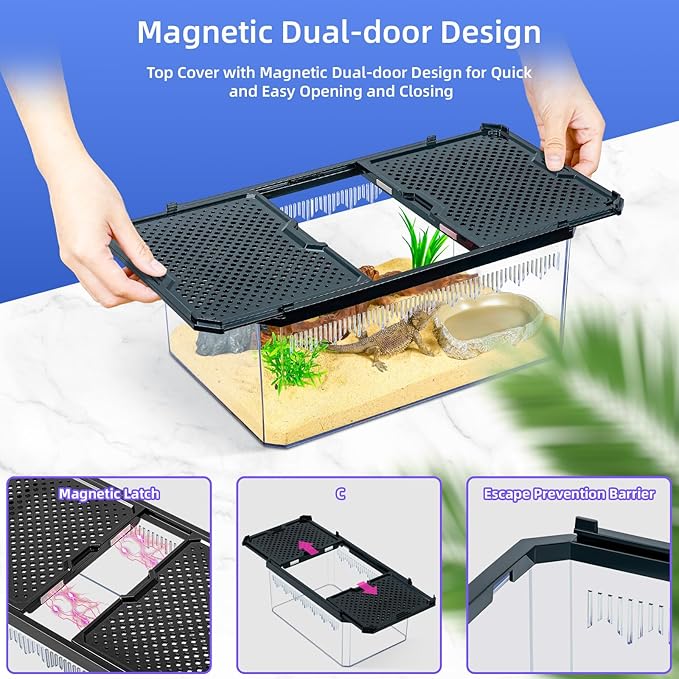 High-Transparency Reptile & Insect Enclosure Terrarium with Magnetic Door, Excellent Ventilation, Easy Cleaning, and Strong, Long-Lasting Build for Cricket,Frog,Gecko, Tarantula, Hermit Crab(Black,12)