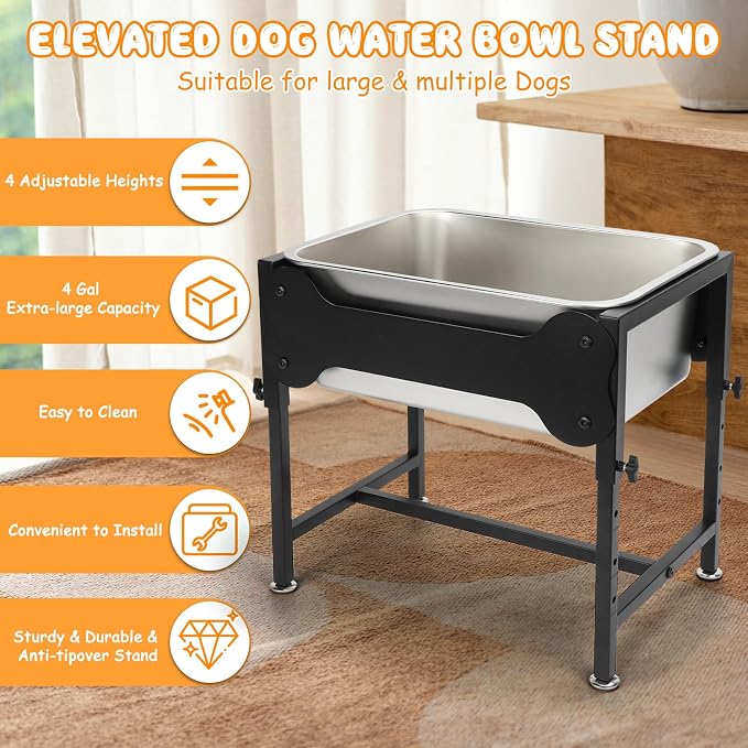 BWOGUE 4 Gal Elevated Dog Water Bowl, Stainless Steel Bowl for Large Dogs | Elevated Water Bowl for Dogs, Raised Dog Water Bowl, 4 Heights 9/11/13/15 in, Non-Slip Base, XL Breeds, Joint Pressure Relief