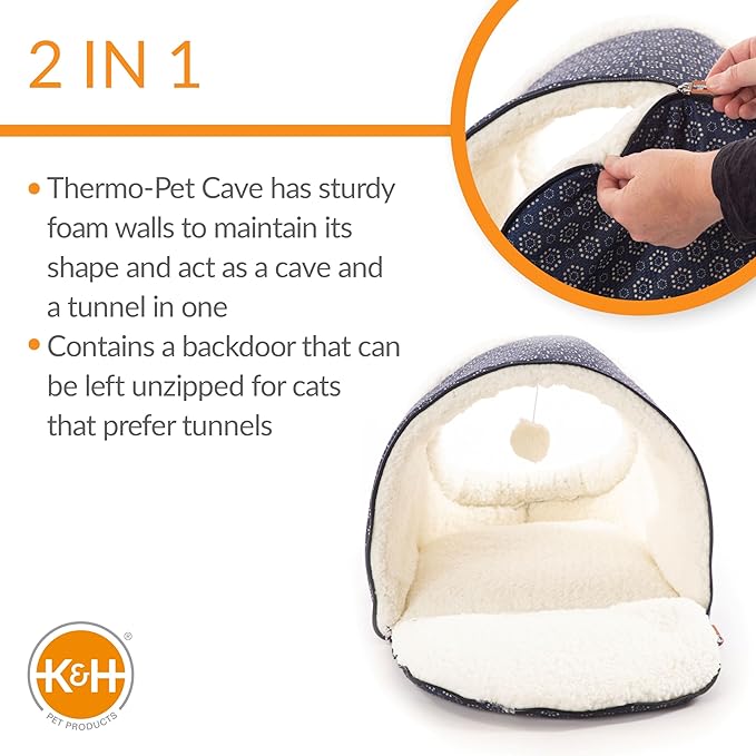 K&H Heated Cat Bed, Thermo-Pet Cave Indoor, Safety Listed, 4W, Navy/Geo | Removable Waterproof Cat Heating Pad, Heated Pet Bed for Dogs & Cats, Covered Cave Pet Tent, Collapsible, Machine Washable