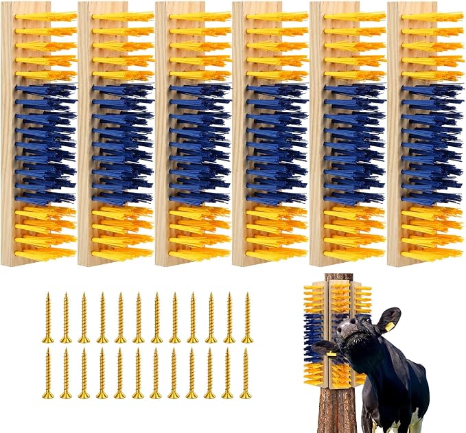 Mifoci 6 Pcs Livestock Scratching Brush Goat Scratcher Livestock Brushes, Goat Scratching Post with 24 Screws Wooden Self Grooming Brush for Small Goats, Sheep, Pigs, Cow, Horses