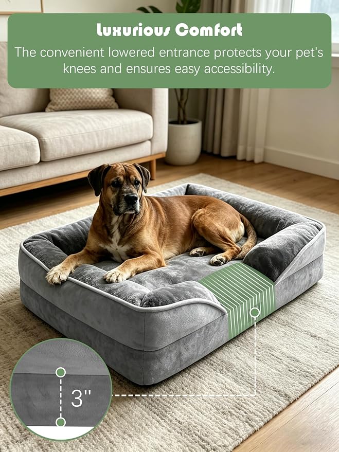 Spotted Play Orthopedic Dog Bed with Sides - Dog Sofa Beds for Large Dogs, Supportive Foam Pet Couch Bed with Washable Removable Cover, Waterproof Lining and Non-Slip Bottom, Grey - L-Plus