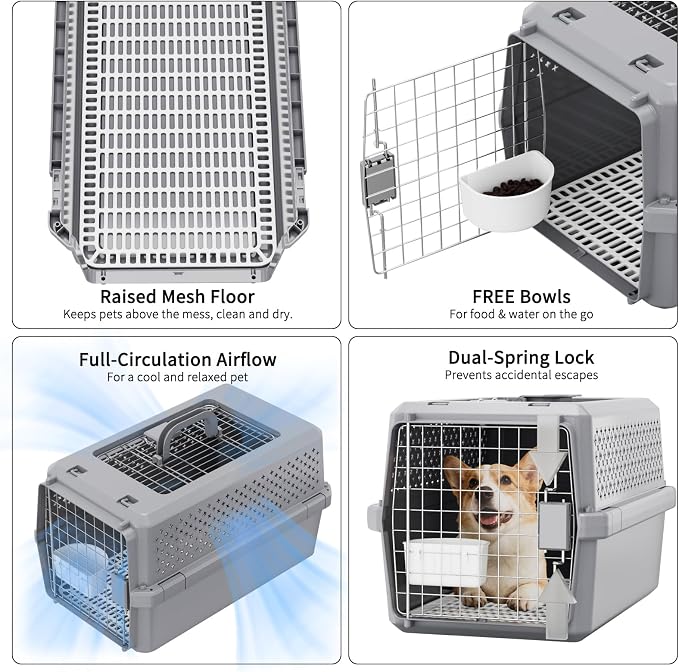 RIZZARI Large Pet Carrier with Wheels, Hard-Sided Rolling Dog and Cat Carrier Up to 25 Lbs, Top Access Travel Crate with Pull Strap, Metal Wire Door, Elevated Floor, Feeding Bowl and Ventilated Design