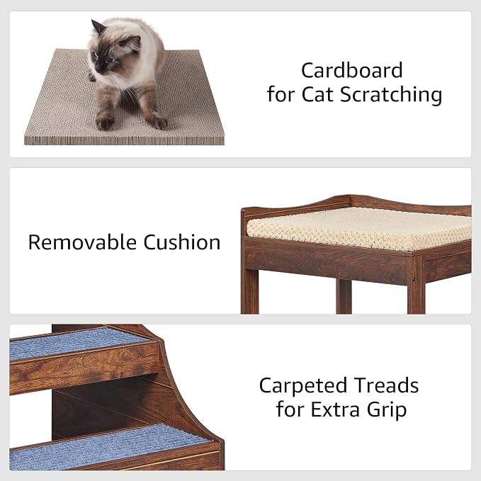 unipaws Pet Bunk Bed with Removable Step for Dog and Cat, Window Perch Seat | Multi-Level Bed with Cushion and Cat Scratch Pad, Indoor Use, Walnut