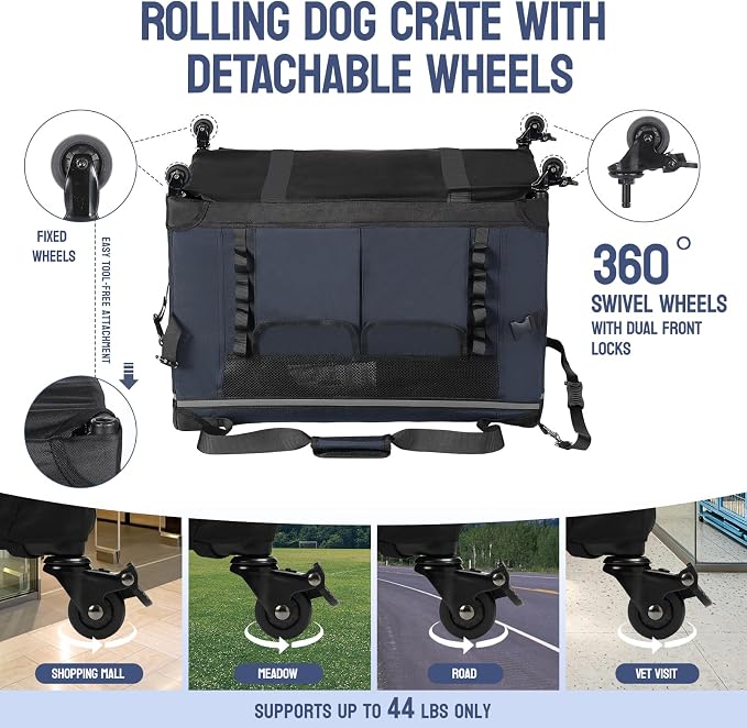 PEGIC 30" Collapsible Rolling Dog Crate for Medium Dogs | Up to 44 lbs,Detachable Wheel, Soft-Sided Travel Kennel, Mesh Windows, Foldable for Car, Vet Visits & Road Trips