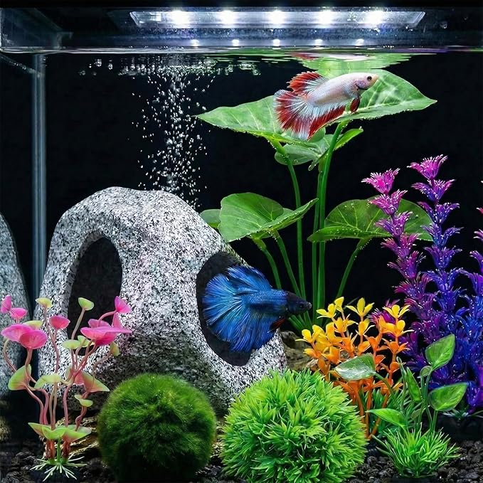 9 Pack Fish Tank Decorations Set Aquarium Decor Rock Cave Hideout, Artificial Aquarium Plants Plastic Betta Leaf Hammock Goldfish Betta Fish Tank Accessories Small Large Fish Bowl Ornaments