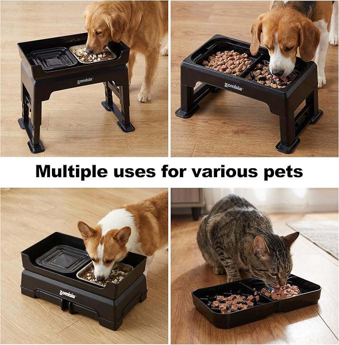 ZOMISIA Elevated Dog Bowls with No Spill Water Bowl, 6 Height Adjustable | 3-in-1 Dog Bowl Stand, Mess Proof Double Deck Design, 2 Stainless Steel Bowls, Licking Plate, For Small Medium Large Pets