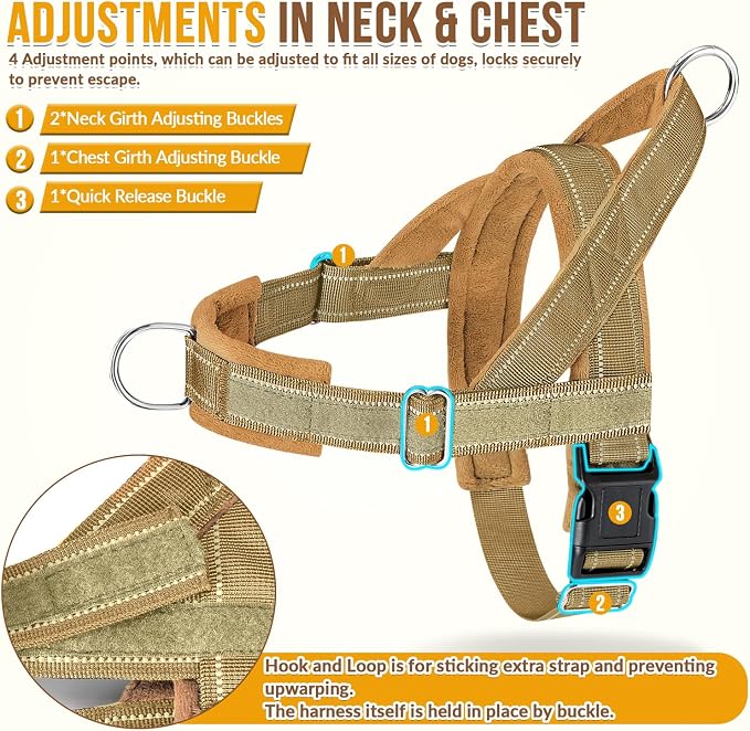 SlowTon No Pull Dog Harness with Front Clip - Heavy Duty, Soft Padded | Neck & Chest Adjustable, Tactical Pet Vest and Leash Set for Large Medium Sized Dogs, for Easy Walk & Training, Tan M