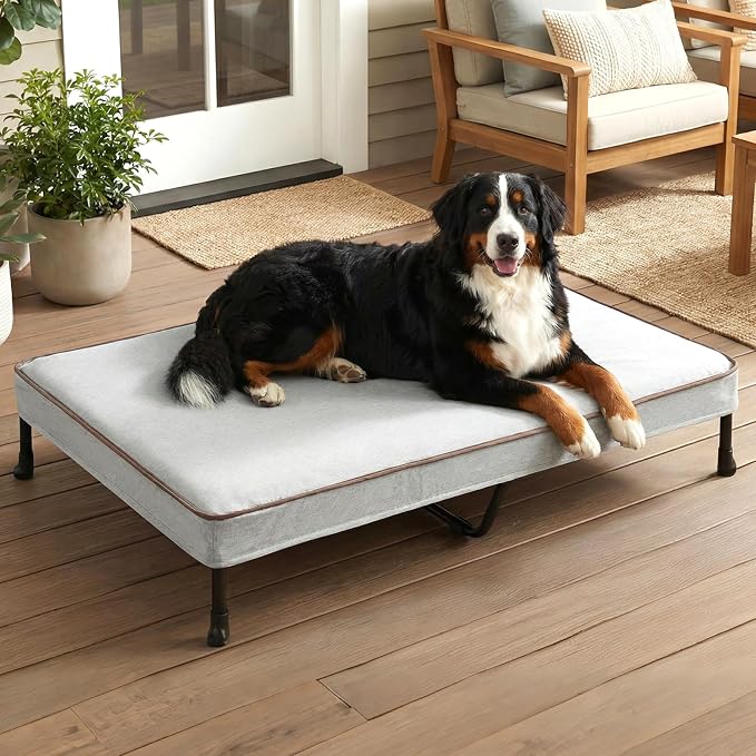 Veehoo Outdoor Elevated Dog Bed with Washable & Waterproof Cushion, Cooling | Large Raised Dog Cot with Removable Cover, Brethable Mesh, Orthopedic Pet Bed for Indoor & Outdoor, 53" x 37", Dark Grey