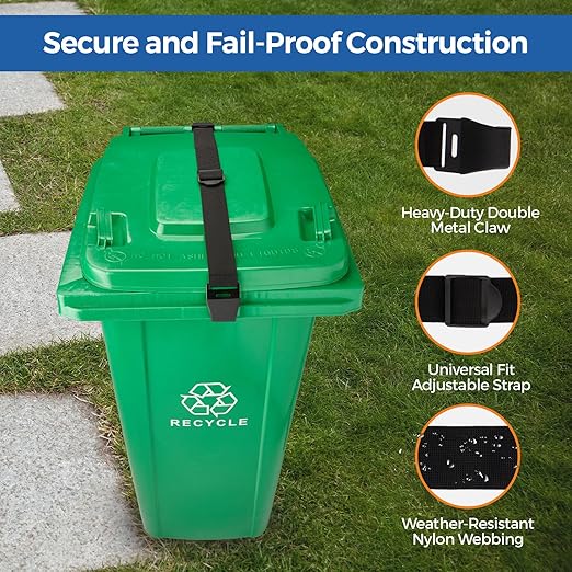 1PCS Bear Proof Trash Can Lock with Double Metal Claw - Heavy Duty Garbage Can Locks for Animals - Adjustable Strap Lid Lock for 32-96 Gallon Outdoor Cans - Secure Against Raccoons & Squirrels