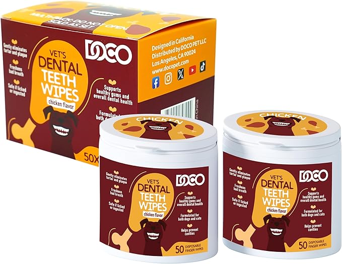 DOCO Pet Dog Teeth Cleaning Wipes – Deodorizing Finger Wipes for Dogs & Cats | Helps Reduce Plaque & Tartar Buildup, Supports Fresh Breath, No Rinse (Chicken, 100 Count)