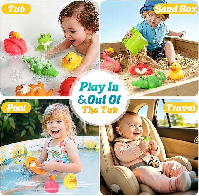 Mold Free Bath Toys for Kids Ages 1-3,6Pcs No Hole River Baby Bath Toys Design Keeps Moisture Out, Toddler Learn Crab Ducks Animal with Soft Squeeze Bathtub Toys,Pool Toy