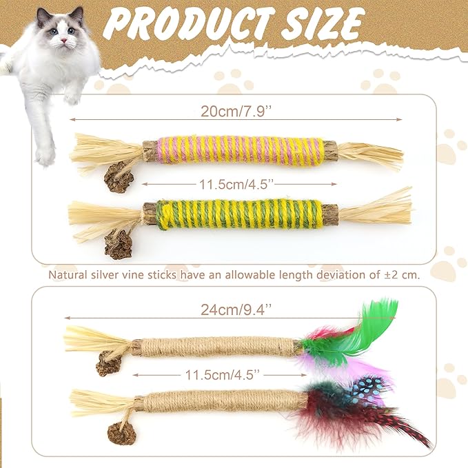 Quacc 4 PCS Silvervine Chew Sticks Natural Silver Vine Sticks Cat Dental Treat Toy for Teeth Cleaning Calm Cat Anxiety Stress