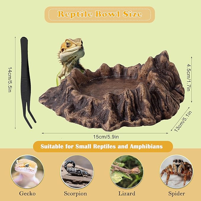 Reptile Water and Food Bowl with Feeding Tweezers Volcanic Rock Style Cement Feeding Dish for Bearded Dragon Leopard Gecko Lizard and Snake Non-Tip Terrarium Decor Landscape Accessory (Brown)