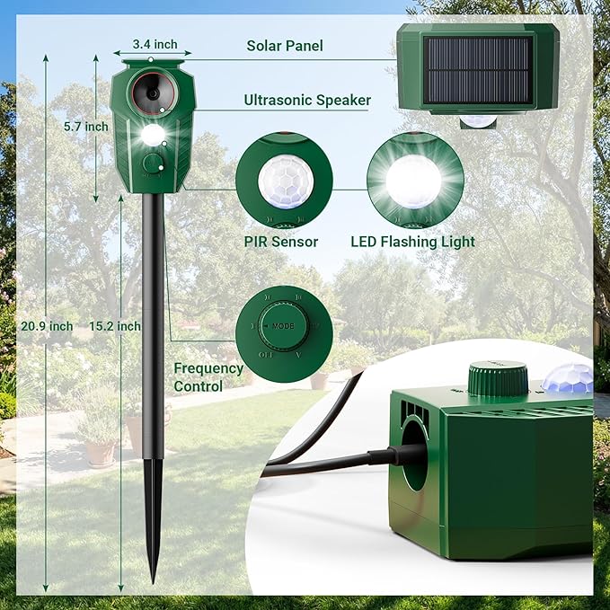 Solar Ultrasonic Animal Repellent with Motion Sensor & LED Lights – Waterproof Outdoor Deer Repellent Device for Yard, Garden & Lawn – Effective Against Cats, Coyotes, Raccoons & Dogs