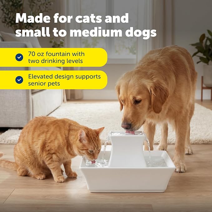 PetSafe Drinkwell Pagoda Fountain, 70 oz Ceramic, 4-Pk Filters Included | 2 Free-Falling Water Streams Encourage Hydration, Pet Water Fountain for Cats & Dogs, Includes 4 Carbon + 2 Foam Filters