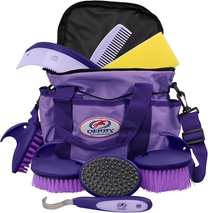 Derby Originals 9Piece Horse Grooming Set with Matching Nylon Carry Bag - Available in 8 Fun Colors, Purple & Lavender