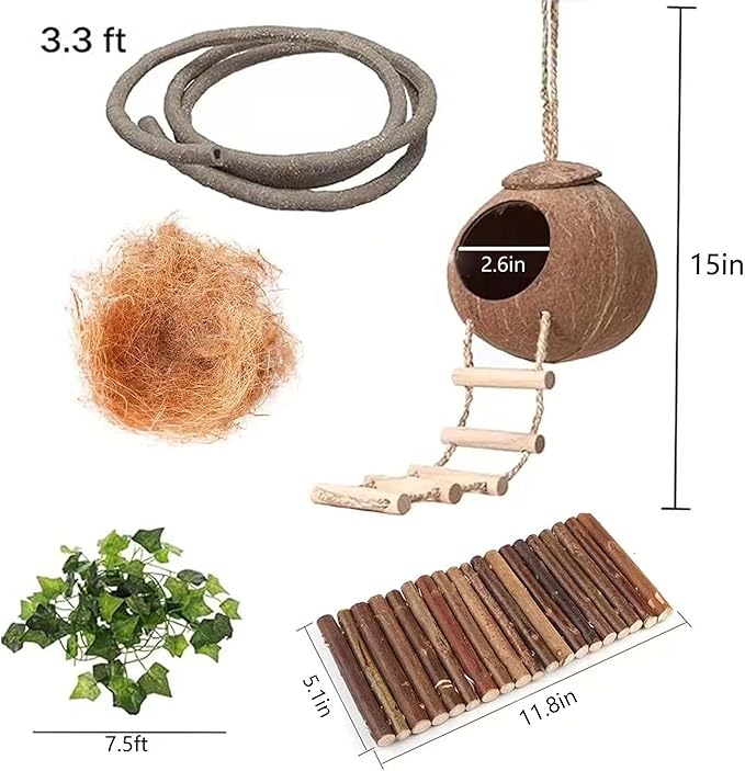 10PCS Crested Gecko Tank Accessories, Reptile Plants Bridge Vines, Coconut Shell with Ladder for Lizard, Chameleon Cage, Snakes, Hermit Crab, Leopard Gecko Tank Accessories, Terrarium Decor