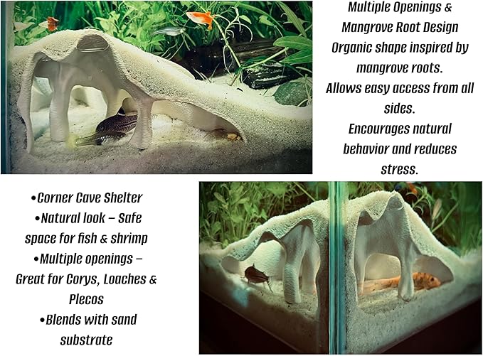 Aquarium & Terrarium Corner Underground Cave – Faux Mangrove Root Hideout for Betta, Corydoras, Shrimp, Geckos & Snakes – Natural-Look Tank Decor in Textured Root Style (Charcoal, 7.5" x7.5''x4)