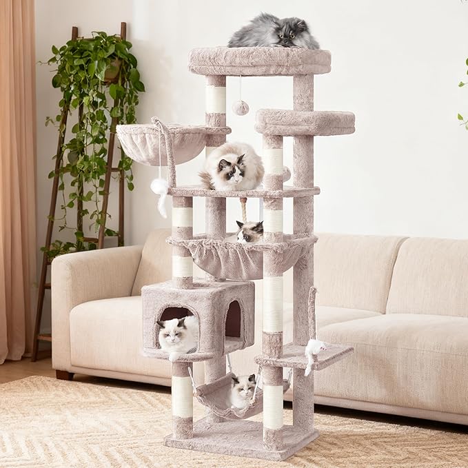 Gitelsnour Cat Tree, Cat Tower for Large Cats with 2 Big Platforms, 2 Baskets, condo and Toys, 63" Cat Scratching Posts for Indoor Cats, Muchroom GCT020MU