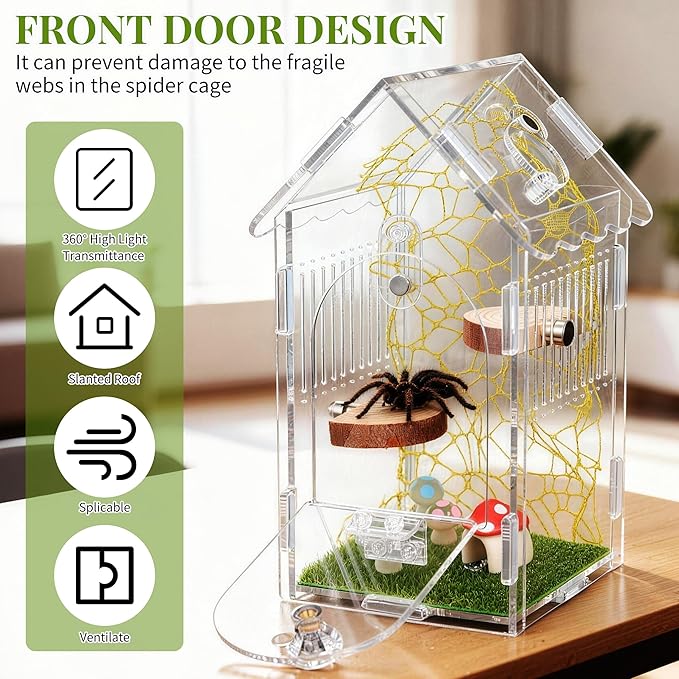 Hysagtek Jumping Spider Enclosure, Acrylic Arboreal Tarantula Enclosure Small Reptile Terrarium with Magnetic Door, Clear Jumping Spider Enclosure Accessories