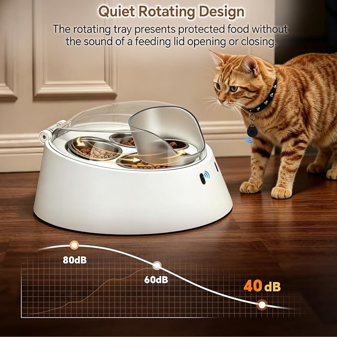 RFID Automatic Cat Feeder for Multi-Pet Households, Selective Microchip Pet Feeder with 3 Stainless Bowls (1 Public, 2 Hidden), Prevents Food Stealing, Special Diet Dispenser, Dual Power