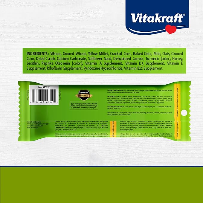 Vitakraft Crunch Sticks Rabbit Treat – 2 Sticks - Whole Grains And Honey Flavor Triple Baked With Natural Wood Chew Center - Added Vitamins And Minerals - Cage Clip Holder - Helps Prevent Cage Boredom