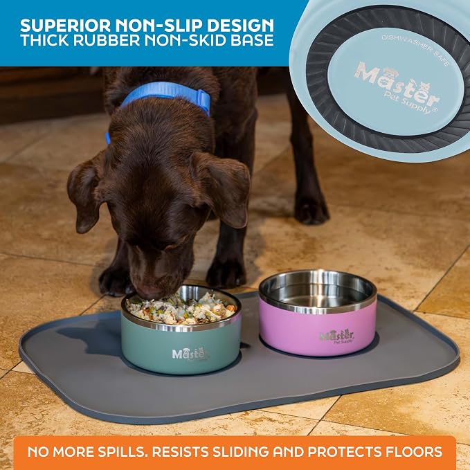 Master Pet Supply Stainless Steel Dog Bowls - 32 oz, Heavy Duty - Glacier Blue, Double Wall Extra-Thick Insulated, Non-Slip Pet Water Bowl for Dogs, Cats & Pets, Anti Rust Metal, Dish Washer Safe
