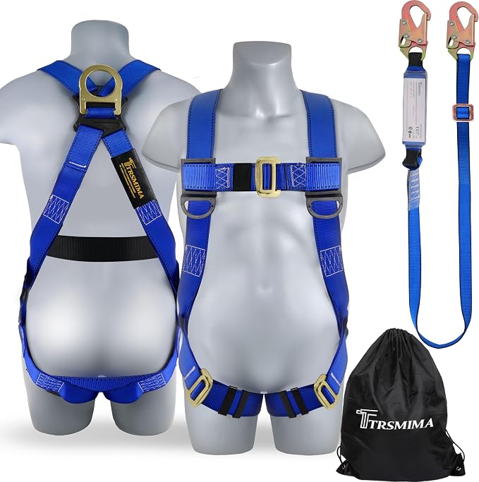 TRSMIMA Safety Harness Fall Protection - Safety Harness for Construction | Men Roofing Full Body Construction Harness Lanyard Kit Men Fall Arrest Work Tree Climbing Roofer D-ring ANSI