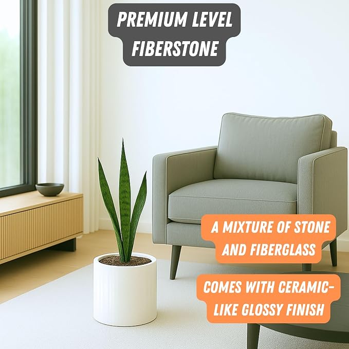 Fox & Fern Large Indoor Planter, Modern Large Plant Pot for Indoor or Outdoor, UV and Frost Resistant - 8 Inch, Glossy White Flower Pot with Drainage Plug, Lightweight
