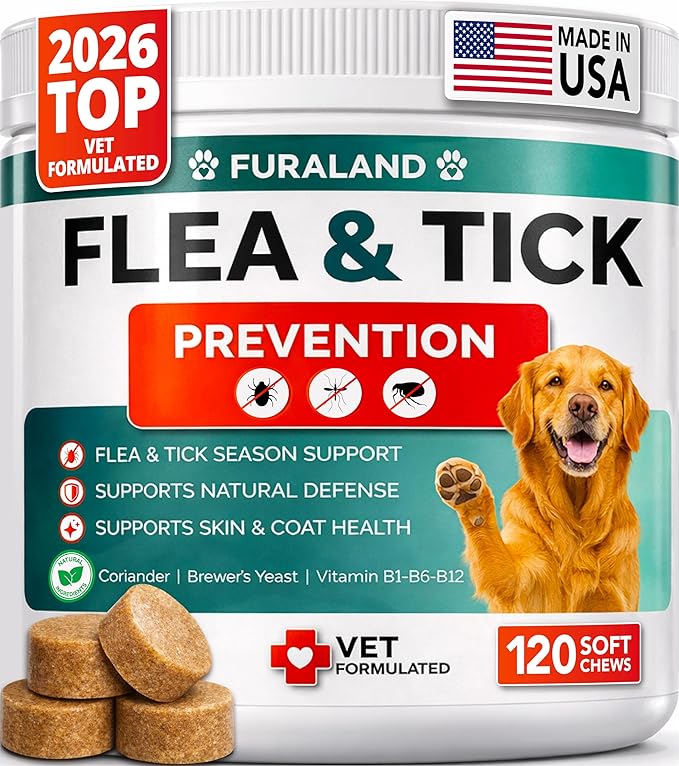 Flea and Tick Prevention for Dogs Chewables - Natural Dog Flea and Tick Treatment - Oral Control Pills - Vet Recommended Supplement - Skin & Coat Support Soft Chews - All Breeds & Sizes - Made in USA