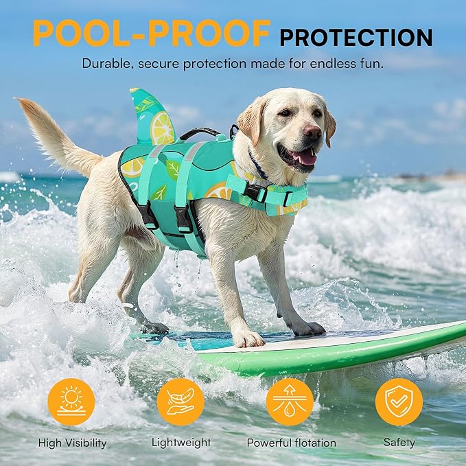Dog Life Jacket,Dog Life Vest for Swimming,Dog Shark Life Jacket with Rescue Handle,Adjustable Reflective Dog Life Preserver for Large Dog,Green Print L