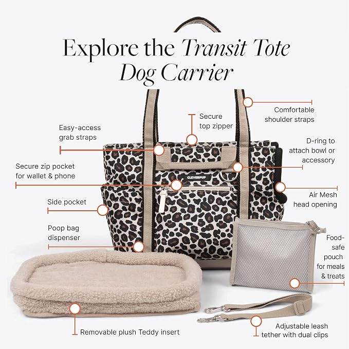 Transit Tote Dog Carrier for Small Dogs Under 8 lbs, 16x11x8 Soft-Sided 4-Pc Set with Waterproof Base, Plush Insert, Food Pouch, Mesh Head Opening - Small, Leopard