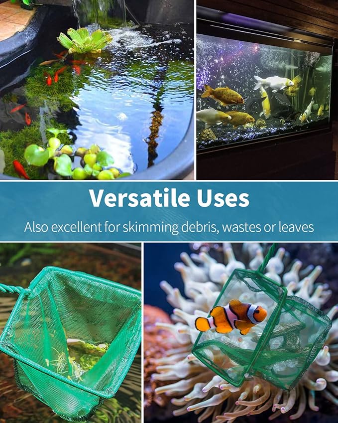 Pawfly Aquarium Fish Net with Braided Metal Handle Square Net with Soft Fine Mesh Sludge Food Residue Wastes Skimming Cleaning Net for Fish Tanks Small Koi Ponds and Pools