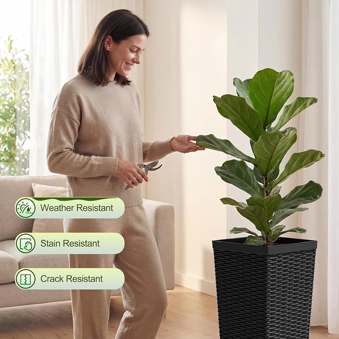 Devoko Resin Tall Planters for Outdoor Plants Set of 2, Large Taper Outdoor Planter Pots with 4 Drainage Holes, Flower Pots Modern Decor for Porch, Patio, Backyard, Garden(Black, 24''with Trays)