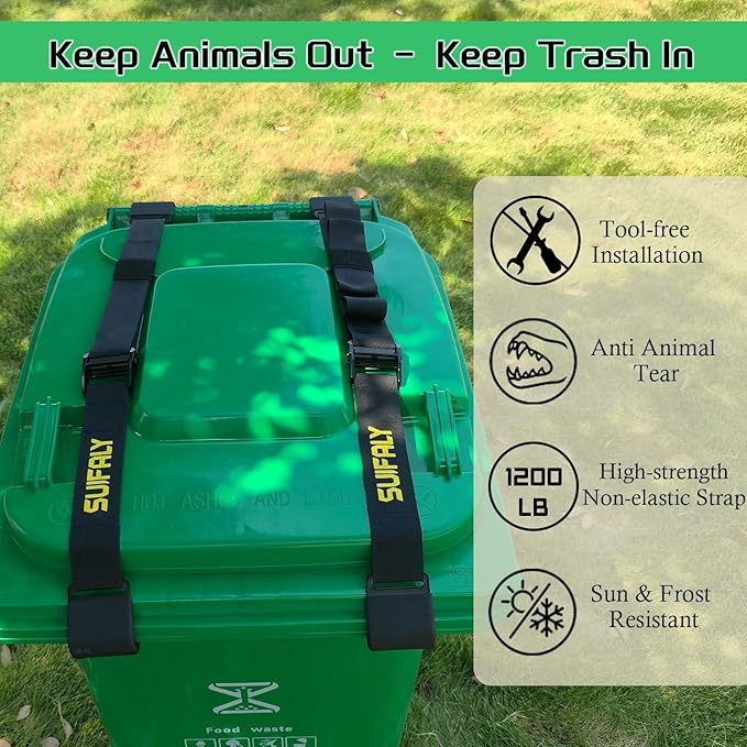 Trash Can Locks with Self-Locking Buckle – Heavy Duty Adjustable Bear Proof Lid Straps for 28-96 Gallon Bins, Animal-Proof Garbage Can Lock for Raccoons, Squirrels, Wildlife (4)