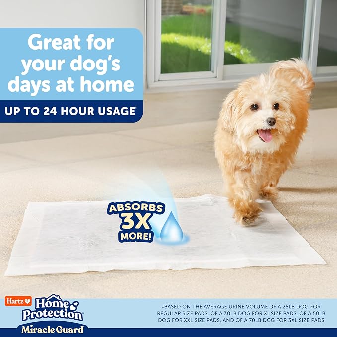 Hartz Miracle Guard Dog and Puppy Dog Pads Max Absorbency 24 Hour Use Odor Eliminating No Leaks, X-Large Size 30 Count
